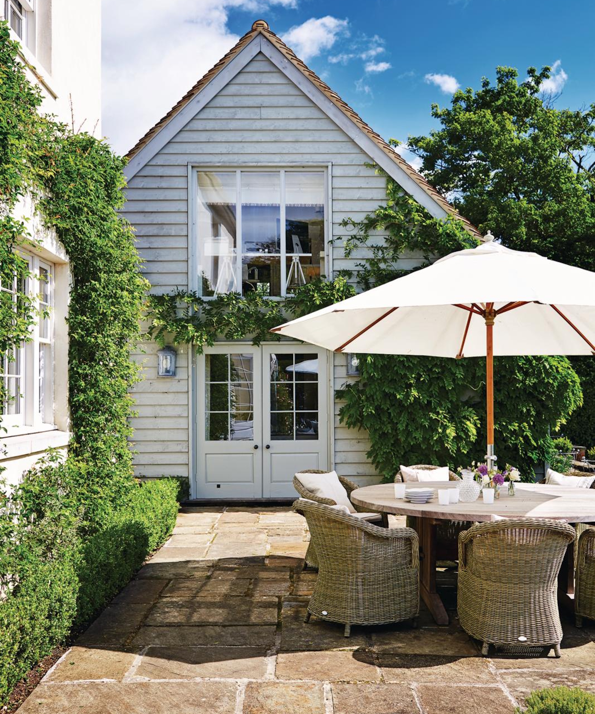 Summer patio with table and umbrella