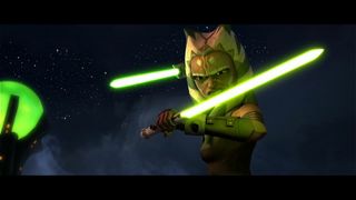 Still from Star Wars: The Clone Wars Season 3 Episode 16: Altar of Mortis. Ahsoka (orange skin, white face markings, white head tails with blue stripes) is armed with 2 short green lightsabers and is ready for battle (one in front of her and one behind her).