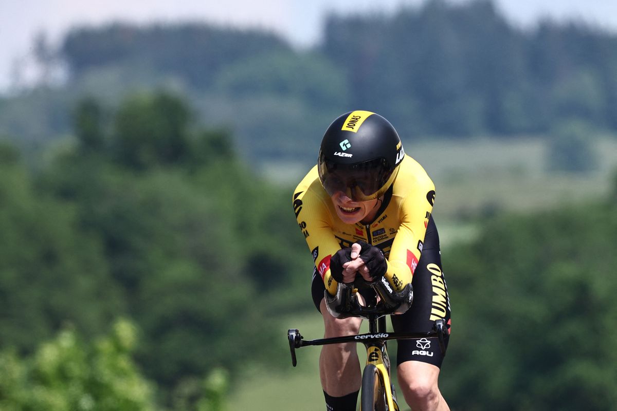 JumboVismas Danish rider Jonas Vingegaard competes in the fourth stage of the 75th edition of the Criterium du Dauphine cycling race individual time trial 311km between Cours to Belmont de La Loire France on June 7 2023 Photo by AnneChristine POUJOULAT AFP Photo by ANNECHRISTINE POUJOULATAFP via Getty Images