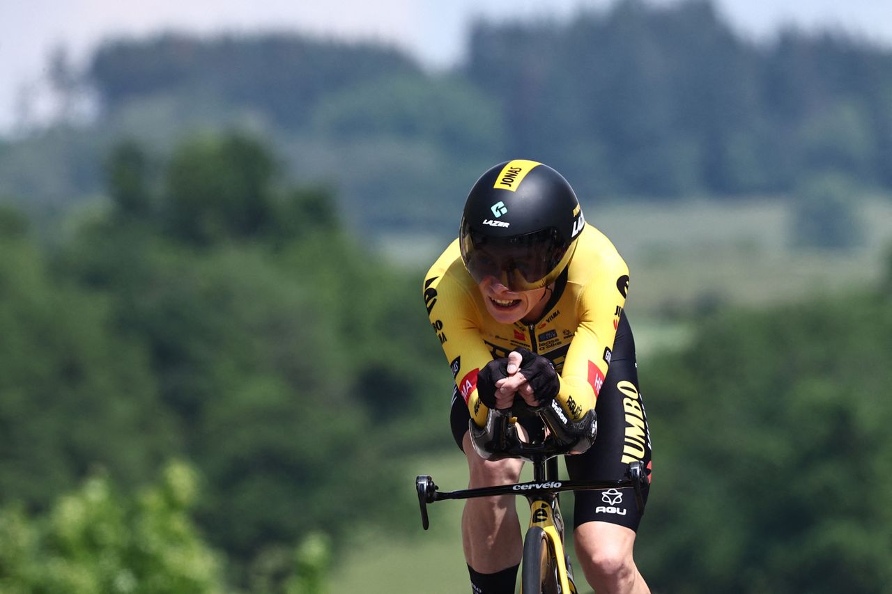 JumboVismas Danish rider Jonas Vingegaard competes in the fourth stage of the 75th edition of the Criterium du Dauphine cycling race individual time trial 311km between Cours to Belmont de La Loire France on June 7 2023 Photo by AnneChristine POUJOULAT AFP Photo by ANNECHRISTINE POUJOULATAFP via Getty Images