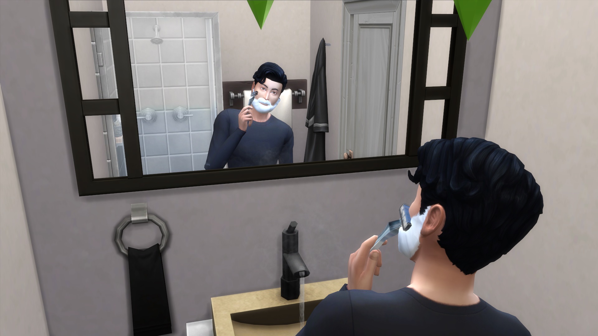 The Sims 4 automatic beards mod - A sim stands in front of a mirror with shaving cream on his face holding a razor