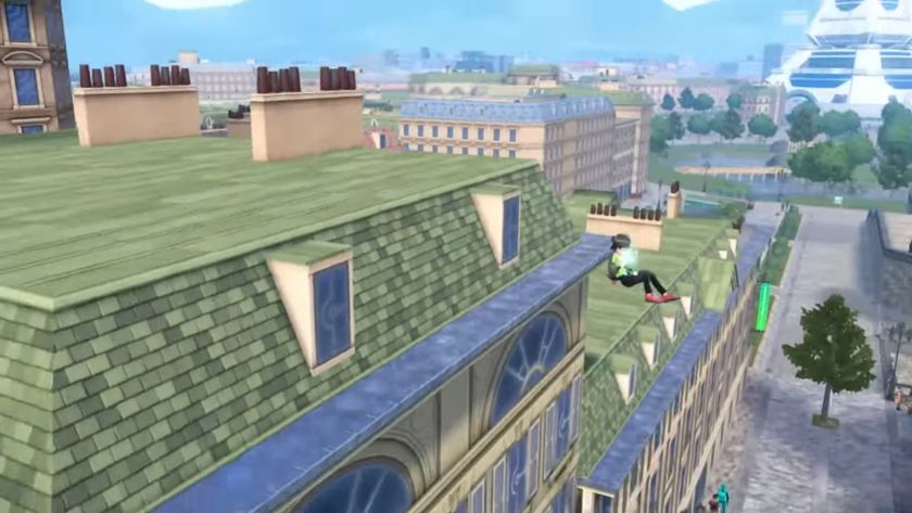 a trainer clutches a ball of light that helps them glode between Parisian rooftops in Pokemon Legends Z-A