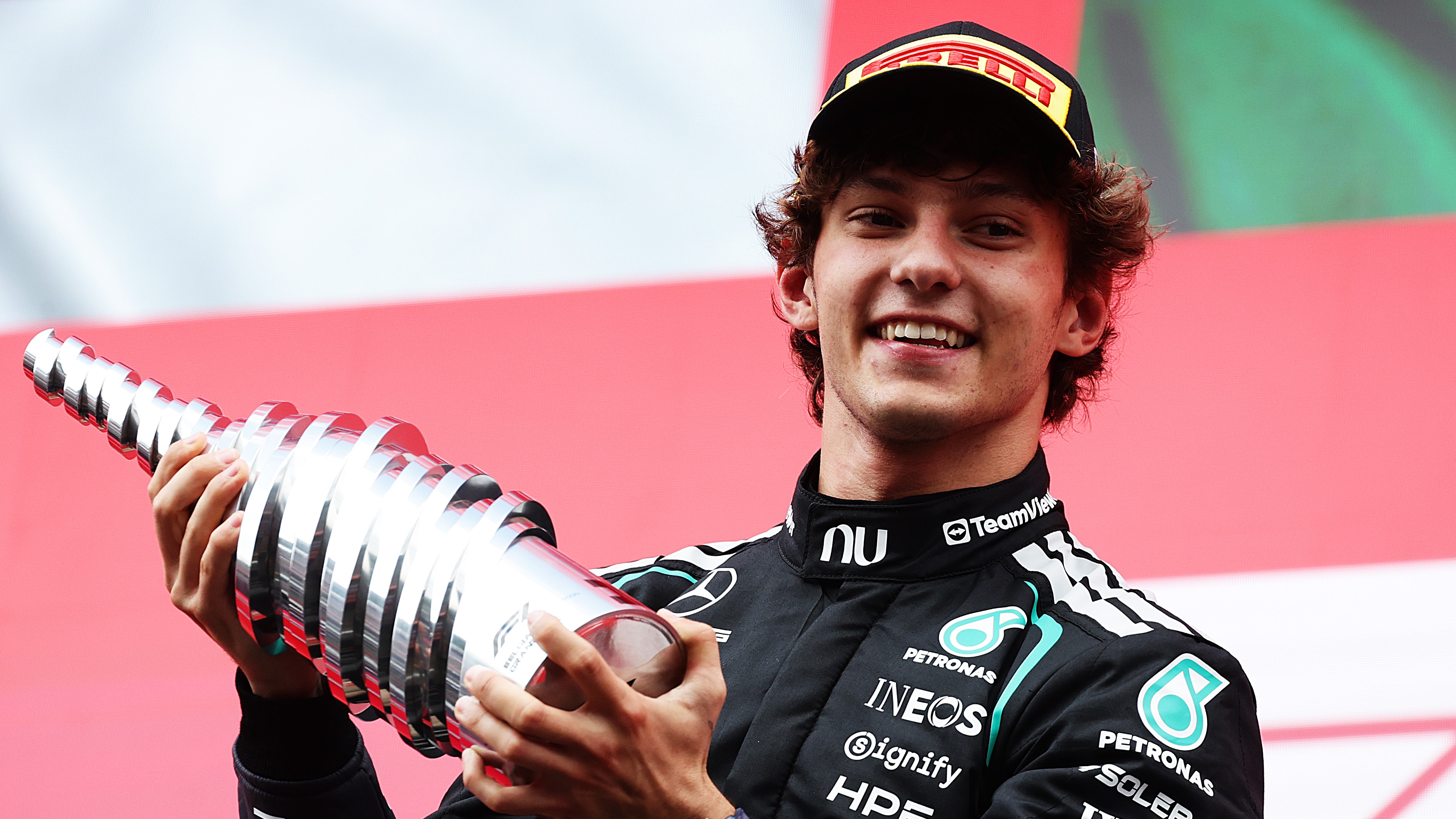 Race winner Andrea Kimi Antonelli of Italy and Mercedes AMG Petronas F1 Team on the podium with his trophy at the Grand Prix of Belgium at Circuit de Spa-Francorchamps on July 19, 2026 in Spa, Belgium