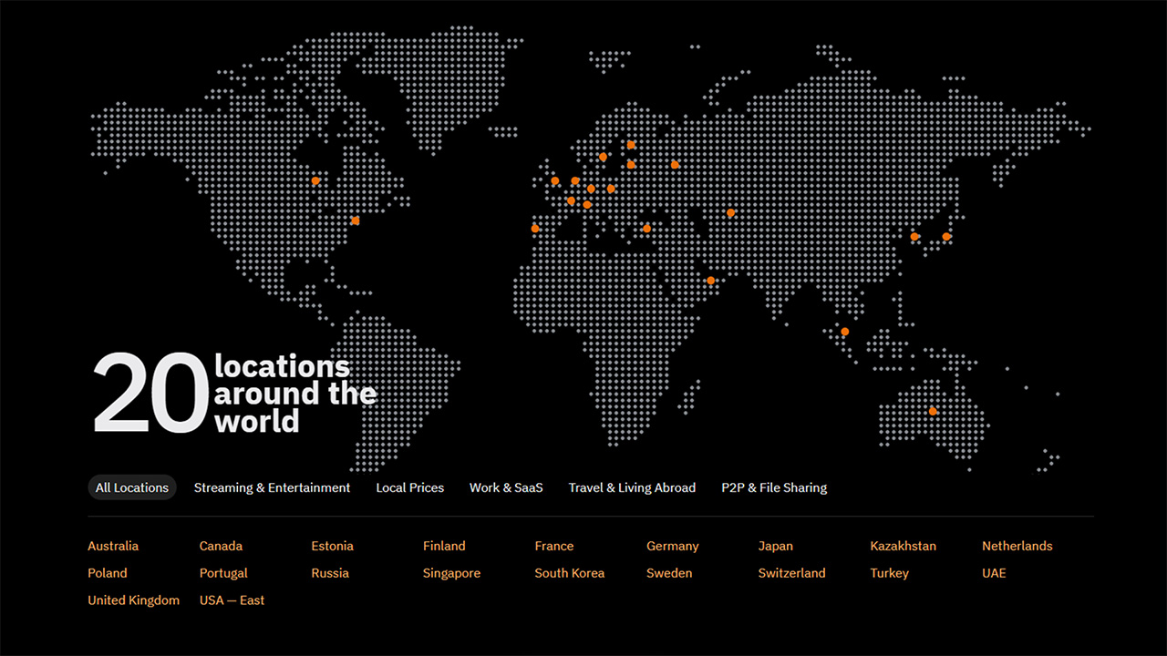 Screenshot of AmneziaVPN website showing its worldwide locations