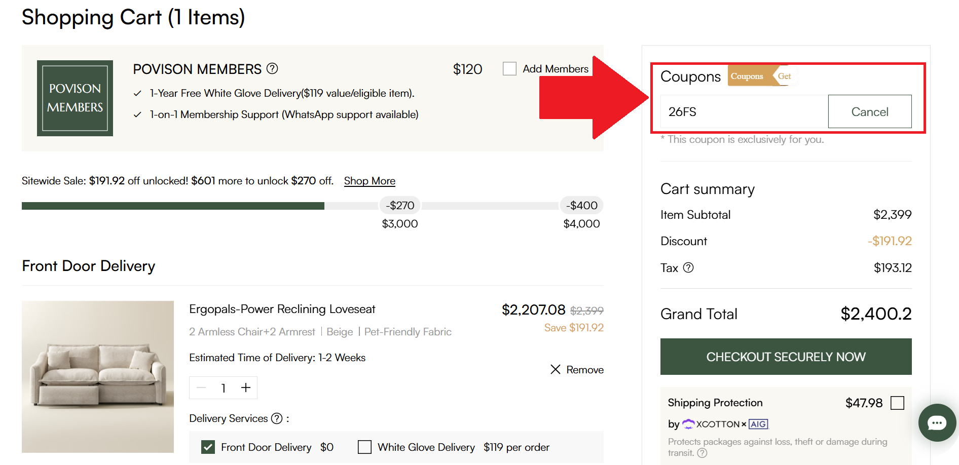 A screenshot of the povison checkout page showing where to enter a povison promo code