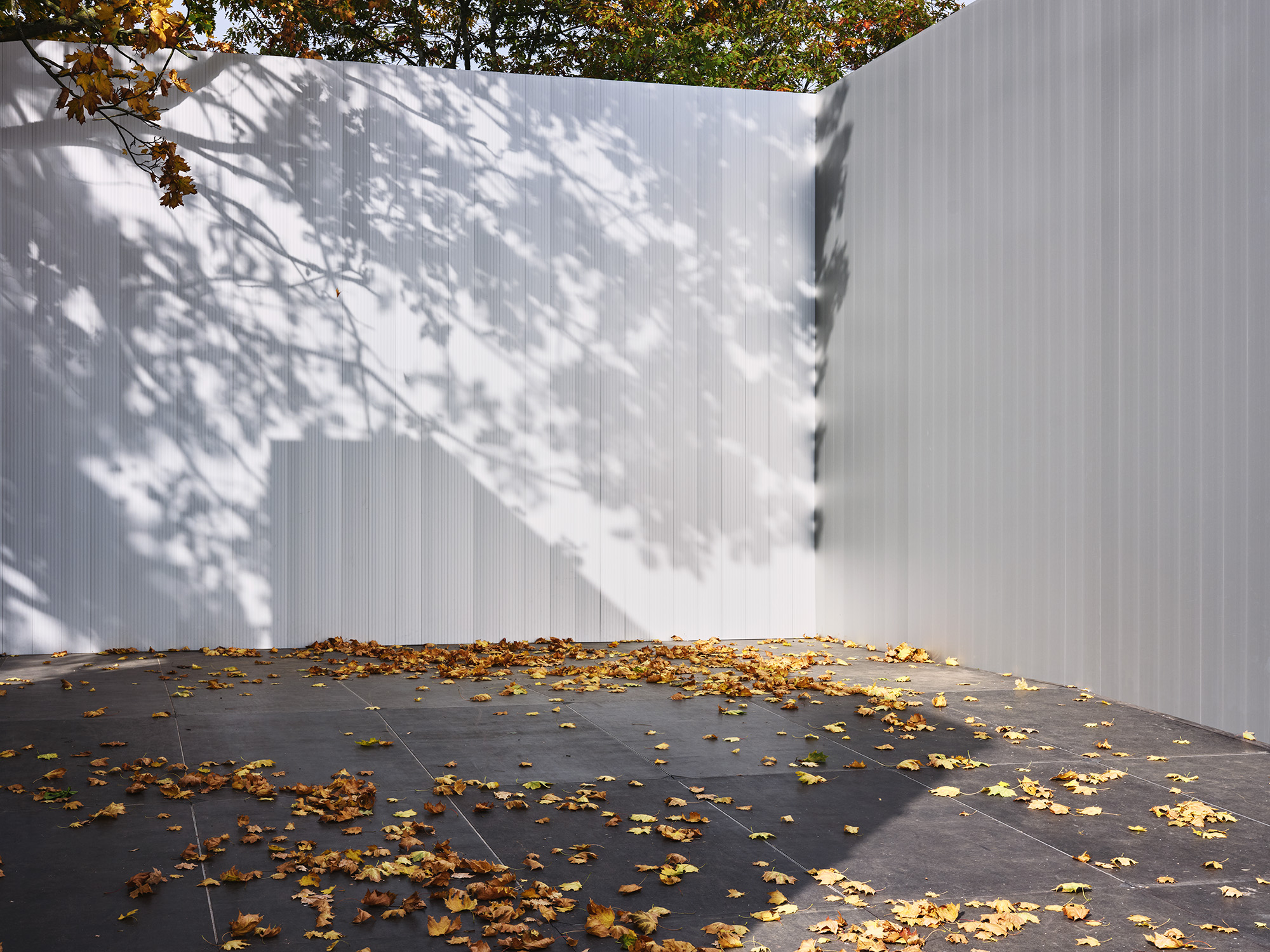 Frieze entrance pavilions exterior in London 2025 seen in golden light and fallen autumn leaves