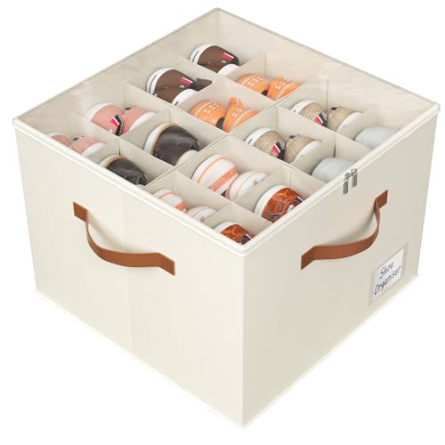 Storivo Shoe Storage Organiser Box 16 Pairs, Clear Lid, Adjustable Dividers | Clear Zip Lid, Adjustable Dividers, Reinforced Handles, Foldable, for Sneakers, Boots, Heels, Closet, Under Bed, 1 Pack