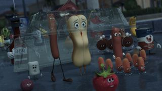 A bunch of food walking down an isle during the Amazon Prime show Sausage Party: Foodtopia.