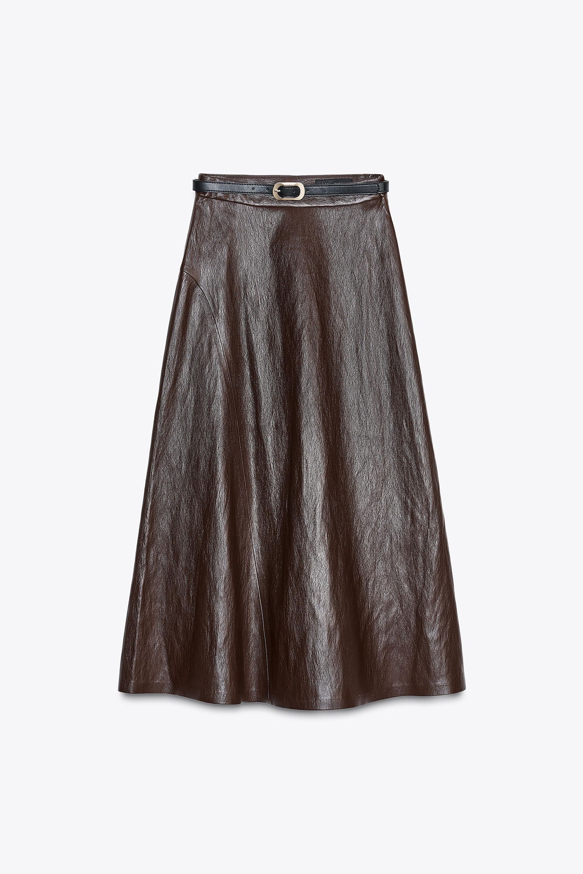 Faux Leather Belted Midi Skirt