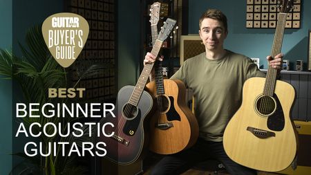 Pete with a collection of the best beginner acoustic guitars in our studio