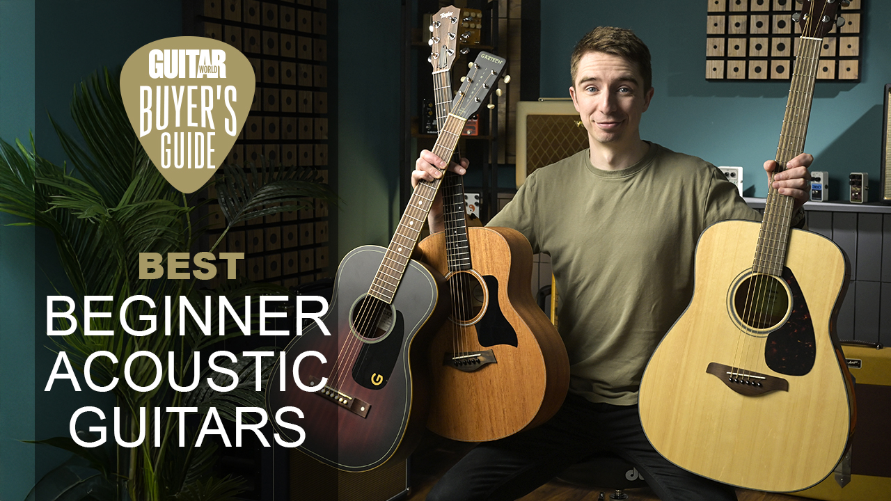 Pete with a collection of the best beginner acoustic guitars in our studio
