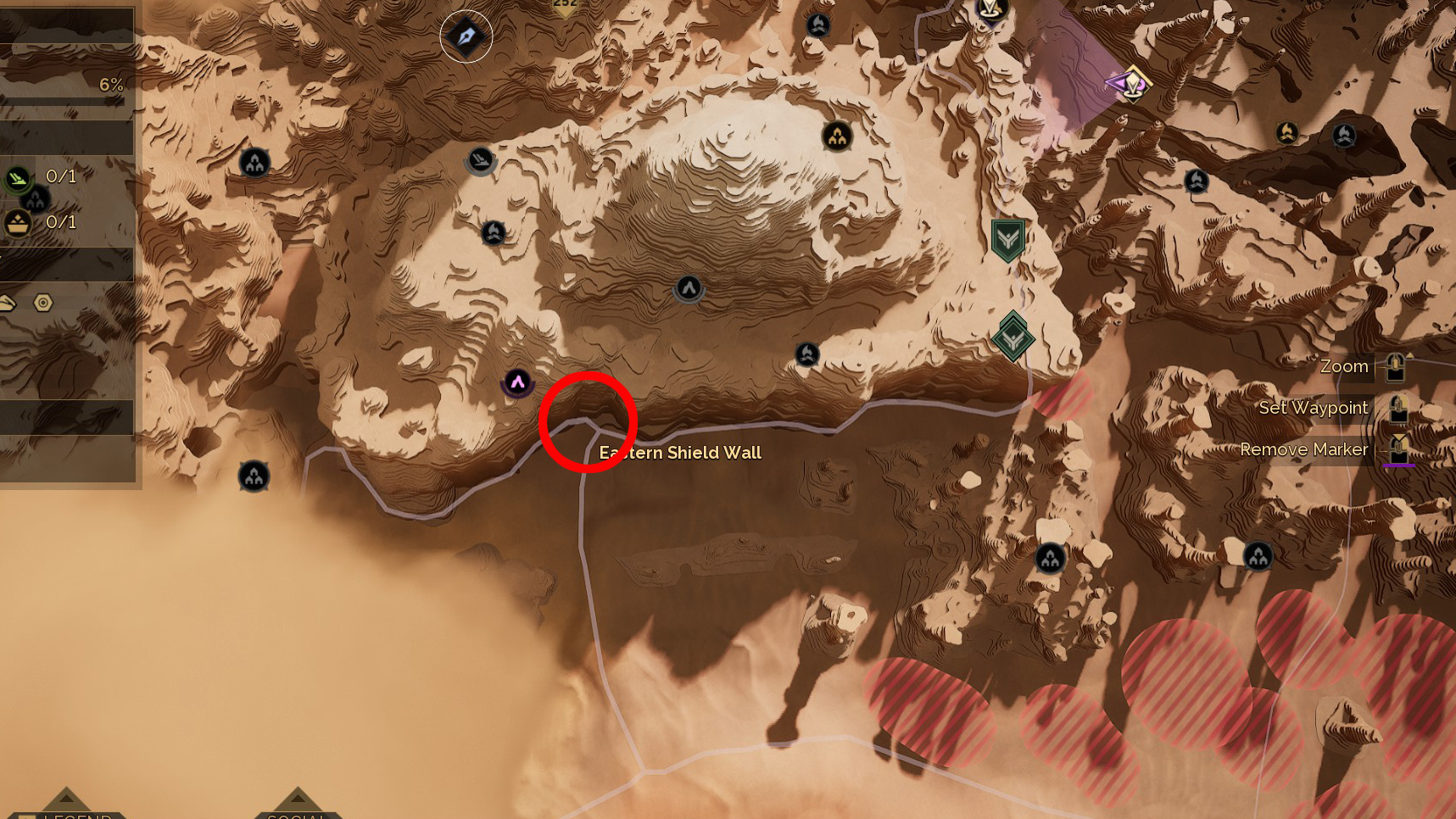 Tge 8th trial of aql location in Dune: Awakening, there's a circle highlighting where three regions meet in the middle.