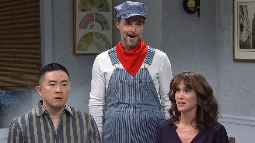 Will Forte, Bowen Yang, and Kristen Wiig in a sketch about board games