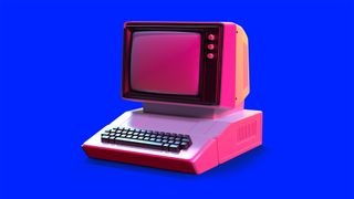 A pink retro-style computer on a blue background