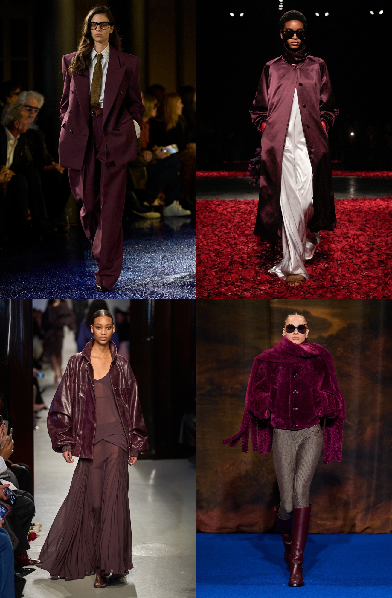Zdjęcie soczystego śliwkowego odcienia na wybiegach kolekcji Saint Laurent, Ferragamo, Christopher Esber i Burberry jesień/zima 2025, jednego z najważniejszych trendów kolorystycznych jesieni 2025 roku.