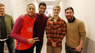 Just Bieber pictured with Neymar, Luis Suarez and Lionel Messi at Barcelona in 2016.
