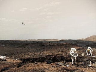 Astronauts working on the surface of Mars could employ a helicopter (seen above them as the work on the Martian surface) similar to the Ingenuity Mars Helicopter.