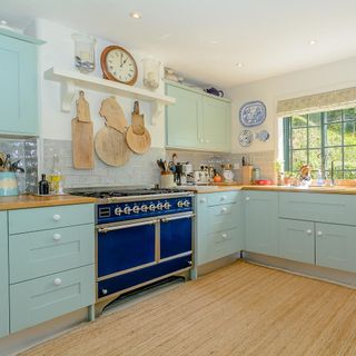 kitchen area with white wall and blue kitchen units