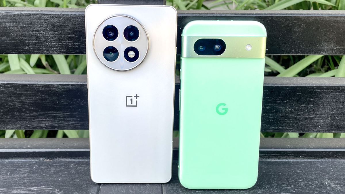 OnePlus 13R and Pixel 8a side by side on a bench