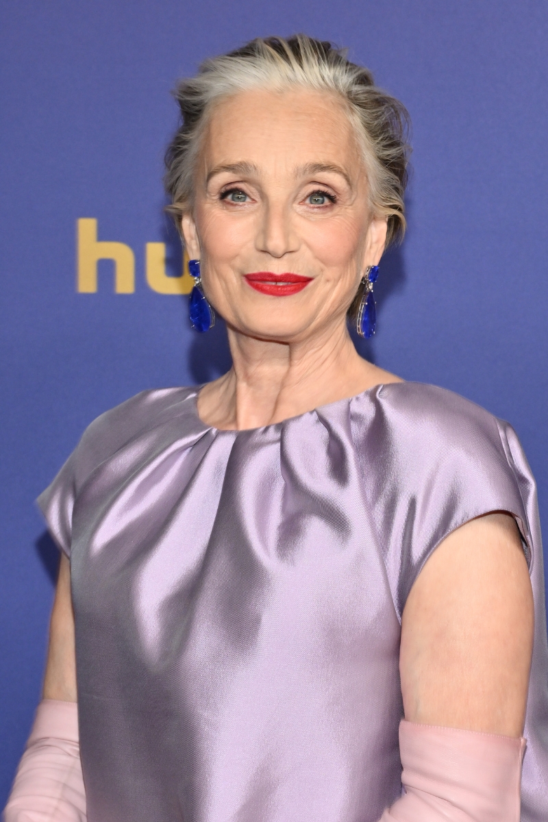 Kristin Scott Thomas is pictured wearing a purple dress and with a swept-back &#039;power&#039; pixie cut at the 76th Primetime Emmy Awards held at Peacock Theater on September 15, 2024 in Los Angeles, California.