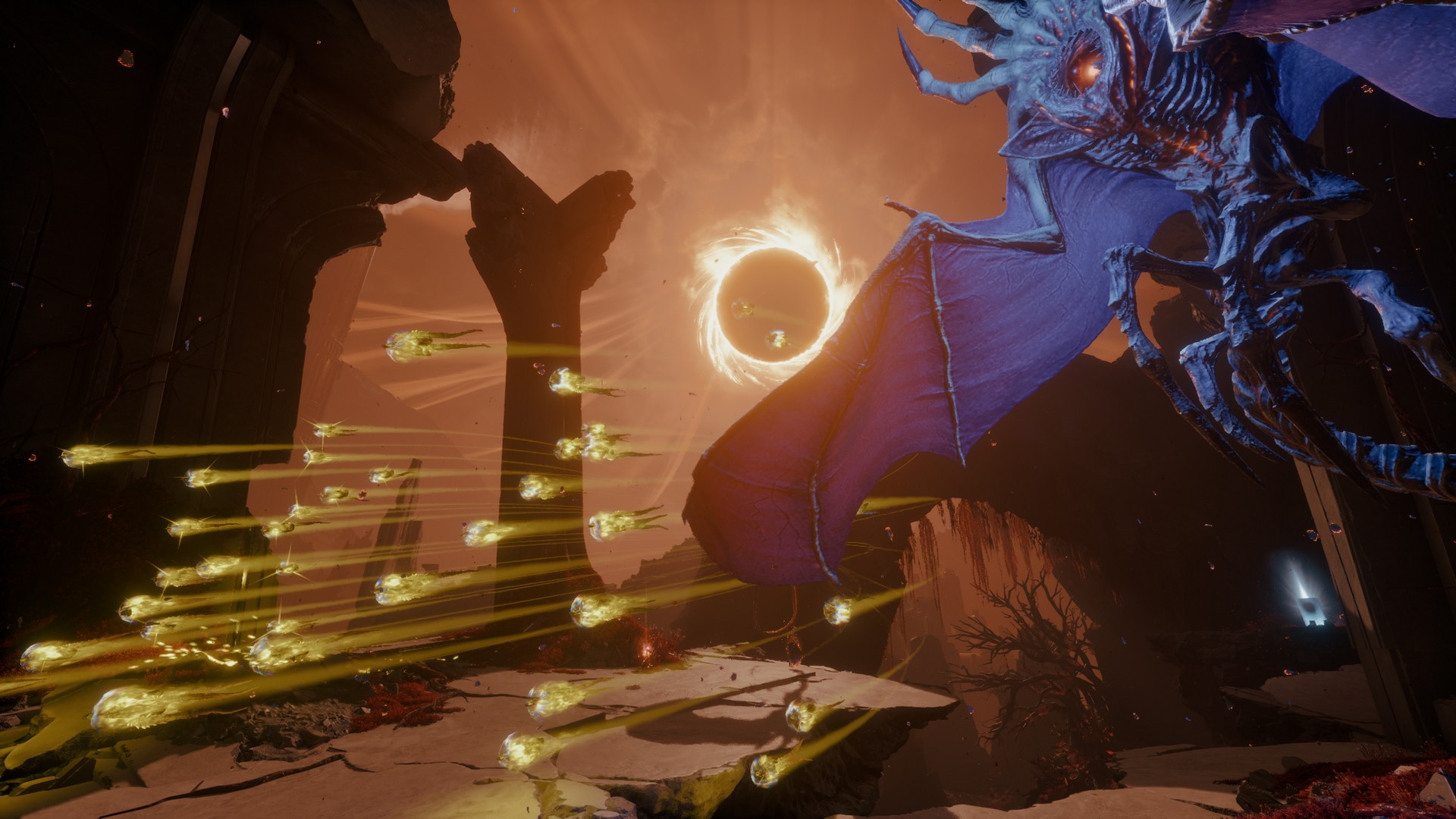 A flying blue enemy shoots yellow orbs in front of a fiery eclipse in Saros