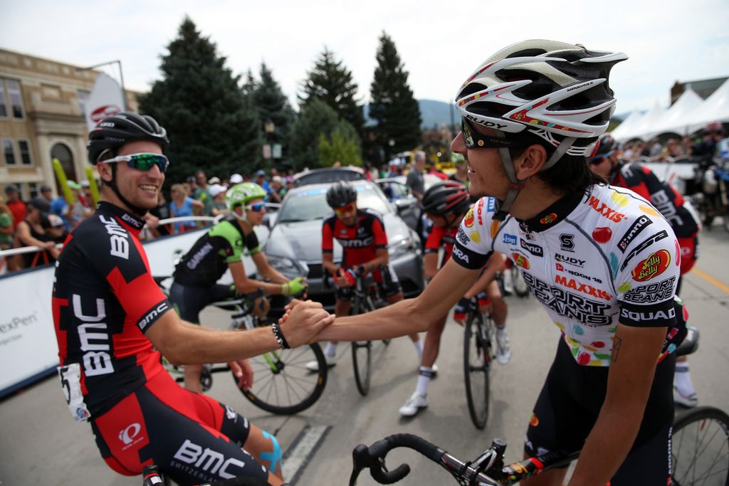 Taylor Phinney (BMC) and Lachlan Morton (Jelly Belly) share a moment on the start line