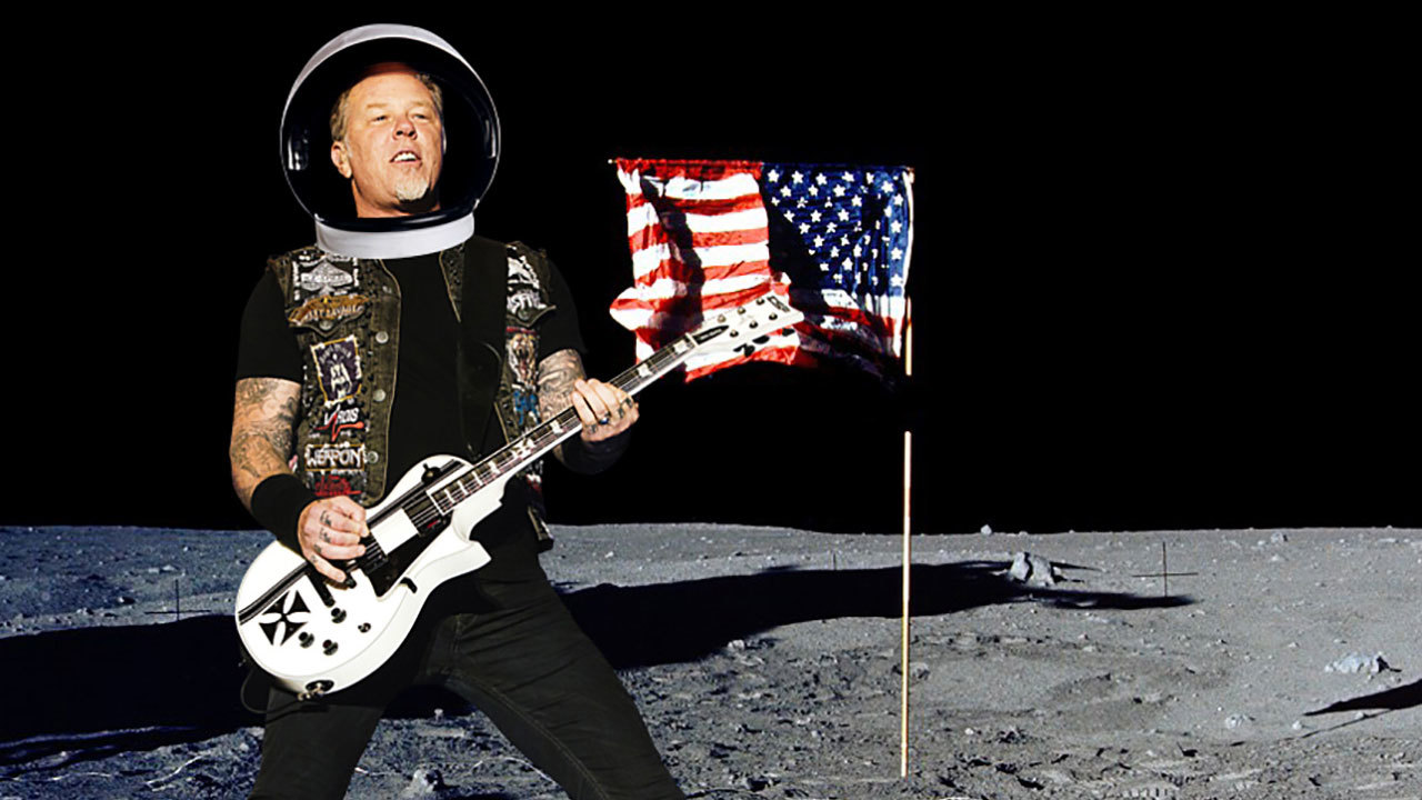 A picture of Metallica&#039;s James Hetfield playing guitar on the moon