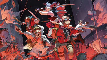 Digital art showing fantasy characters running from zombies