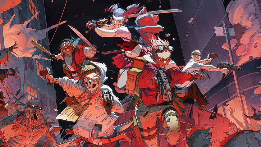 Digital art showing fantasy characters running from zombies