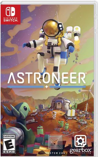 cover of a video game showing a spacesuited character in a jet pack exploring an alien planet.