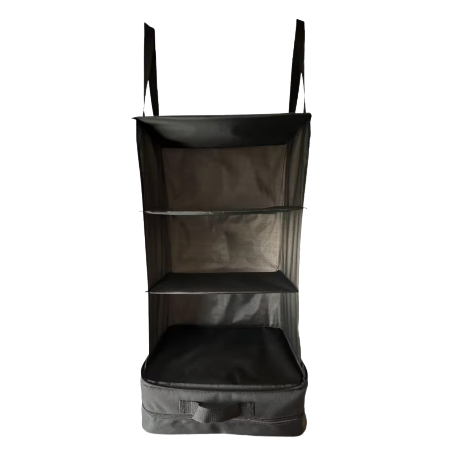 A black hanging camping organizer from Decathlon
