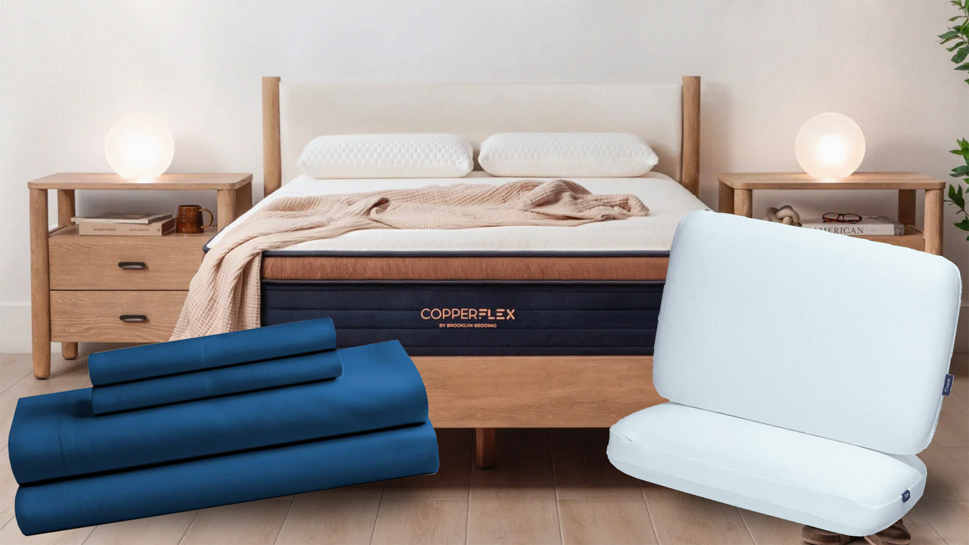 The Brooklyn Bedding CopperFlex Pro Hybrid mattress with a pair of Casper Snow pillows and a Four Seasons Signature Hotel Sheet Set