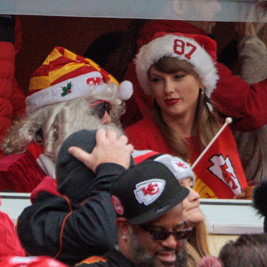 KANSAS CITY, MO - DECEMBER 25: Artis Taylor Swift in the stands with an 87 Santa hat on during the game between the Kansas City Chiefs and the Las Vegas Raiders on December 25th, 2023 at Arrowhead Stadium in Kansas City, Missouri. (Photo by William Purnell/Icon Sportswire via Getty Images)