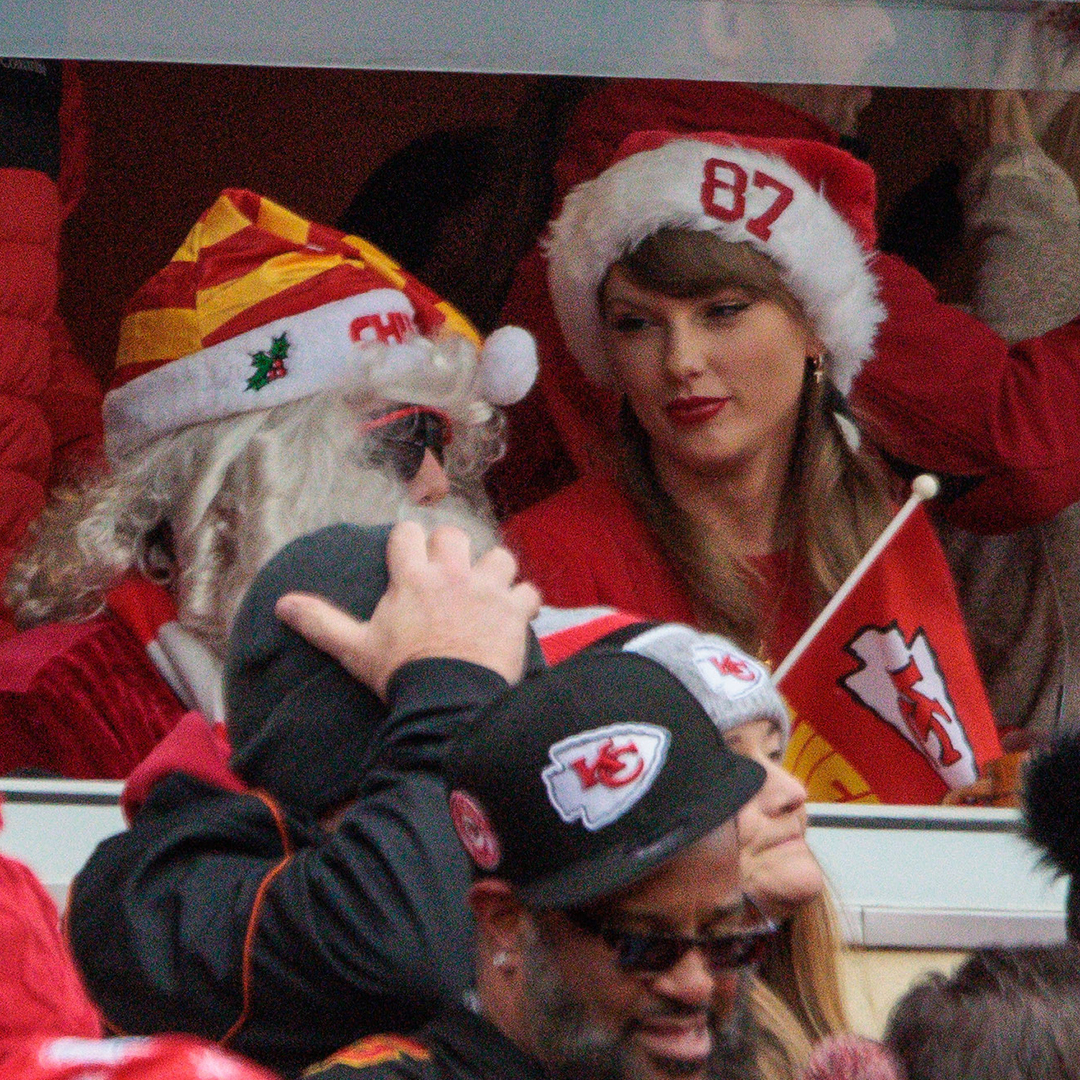 KANSAS CITY, MO - DECEMBER 25: Artis Taylor Swift in the stands with an 87 Santa hat on during the game between the Kansas City Chiefs and the Las Vegas Raiders on December 25th, 2023 at Arrowhead Stadium in Kansas City, Missouri. (Photo by William Purnell/Icon Sportswire via Getty Images)