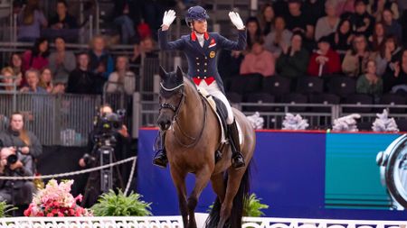 Charlotte Dujardin and Alive And Kicking pictured waving to the audience at the London International Horse Show in December 2025.