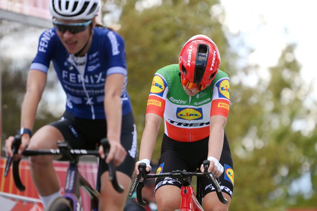 JACA SPAIN MAY 02 LR Yara Kastelijn of The Netherlands and Team FenixDeceuninck on second place and Elisa Longo Borghini of Italy and Team Lidl Trek on third place sprint at finish line during the 10th La Vuelta Femenina 2024 Stage 5 a 1139km stage from Huesca to Alto del Fuerte Rapitan Jaca 1103m UCIWWT on May 02 2024 in Jaca Spain Photo by Alex BroadwayGetty Images