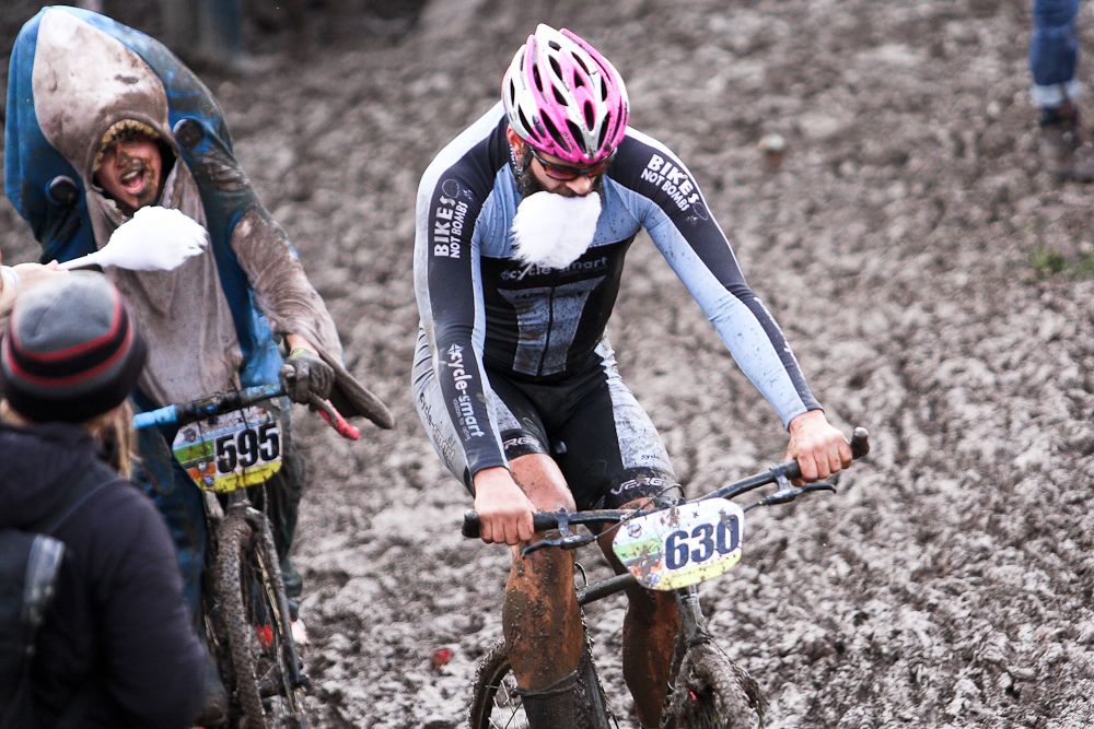 Cotton candy hand-ups helped riders push through the muddy condictions.