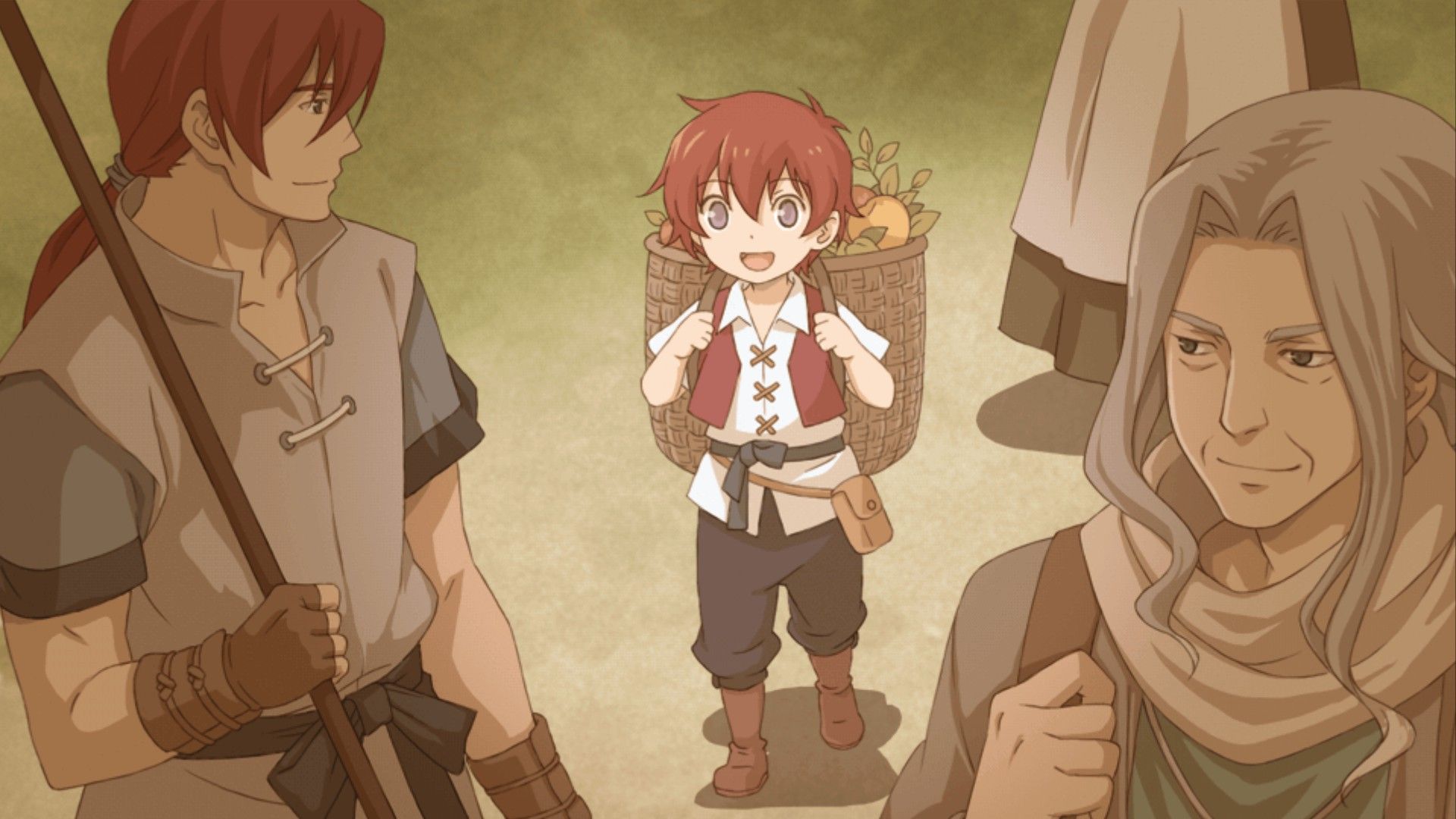 Animated 2D image of a red-haired boy smiling and carrying produce on his back while two adults smile in the foreground, from Ys Revelations in Celceta