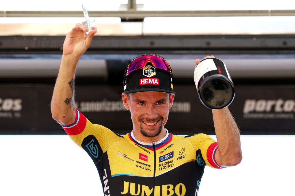VILLARCAYO SPAIN AUGUST 17 Primo Roglic of Slovenia and Team JumboVisma celebrates at podium as stage winner during the 45th Vuelta a Burgos 2023 Stage 3 a 183km stage from Sargentes de la Lora to Villarcayo on August 17 2023 in Villarcayo Spain Photo by Gonzalo Arroyo MorenoGetty Images