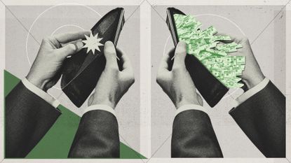 Photo composite illustration of hands opening a wallet to find nothing and also piles of paper money