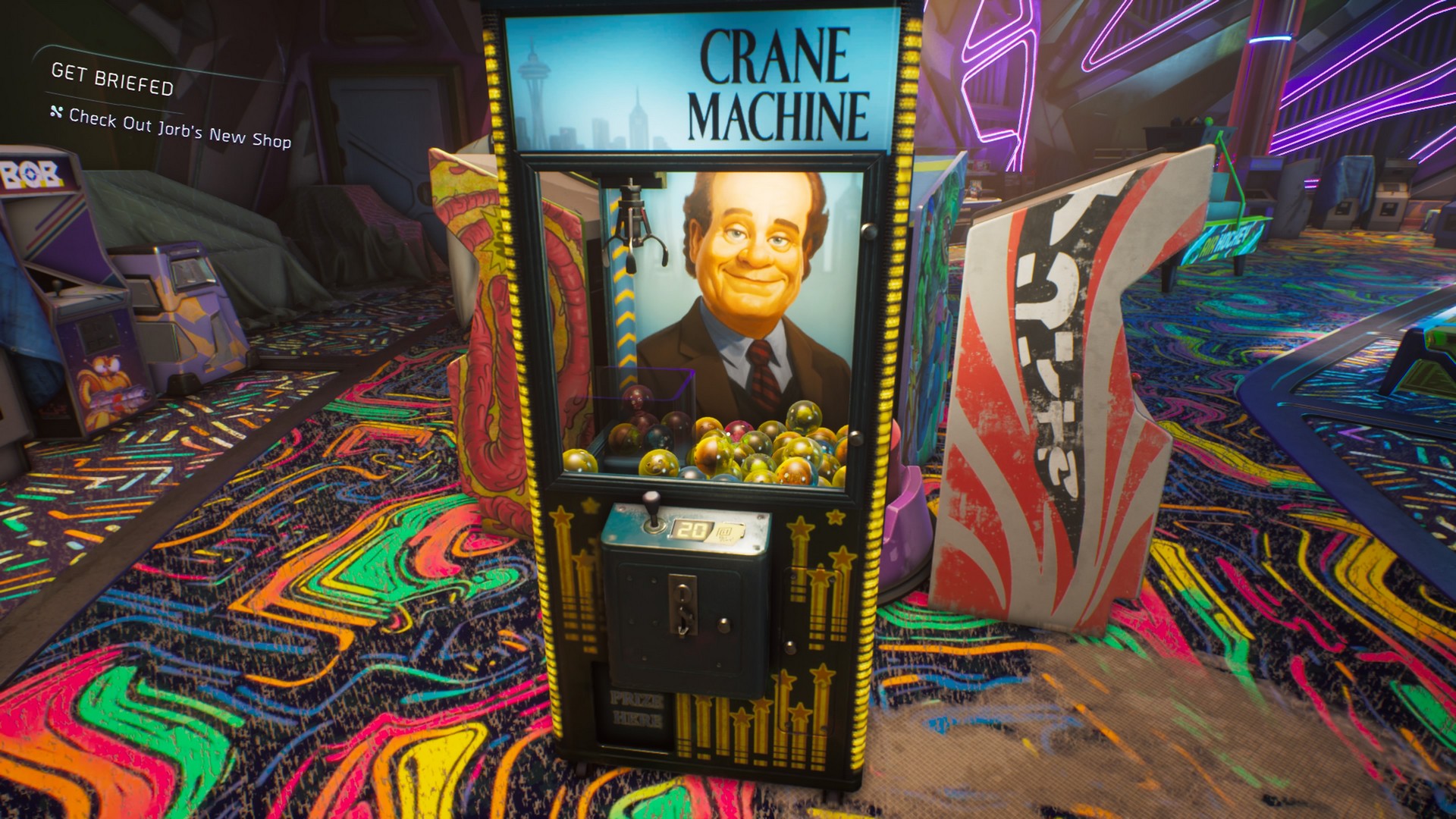 The Crane Machine in High on Life 2, showing a parody of Frasier Crane on the machine's art