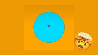 An image of an optical illusion showing a cyan circle on an orange background and a mind-blown emoji
