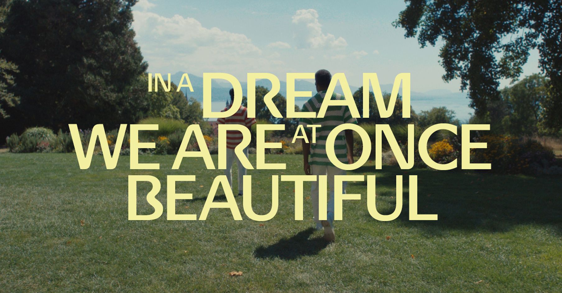 A photo of two men in a park with the words "In a dream we are at once beautiful"