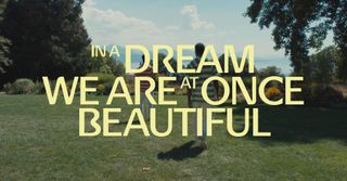 A photo of two men in a park with the words "In a dream we are at once beautiful"