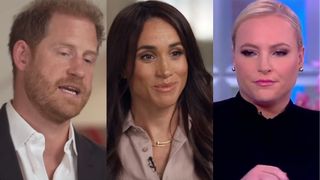 Shots of Prince Harry, Meghan Markle and Meghan McCain all doing interviews on CBS for the former and The view on the latter. They have button down shirts on.