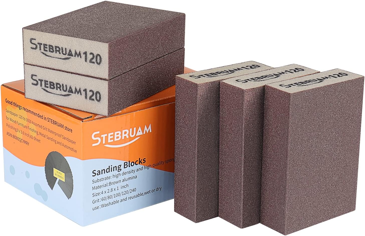 Stebruam 5 Pieces Sanding Sponges,coarse and Fine Sanding Blocks -120 Grits Specifications Sanding Pads,sand Sponge Washable and Reusable,sand Paper Pack for Metal Wood and Wall