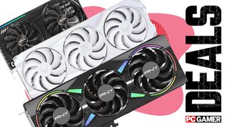 A collage of graphics cards, against a colorful background, with the phrase 'Deals' on the right side above a PC Gamer logo