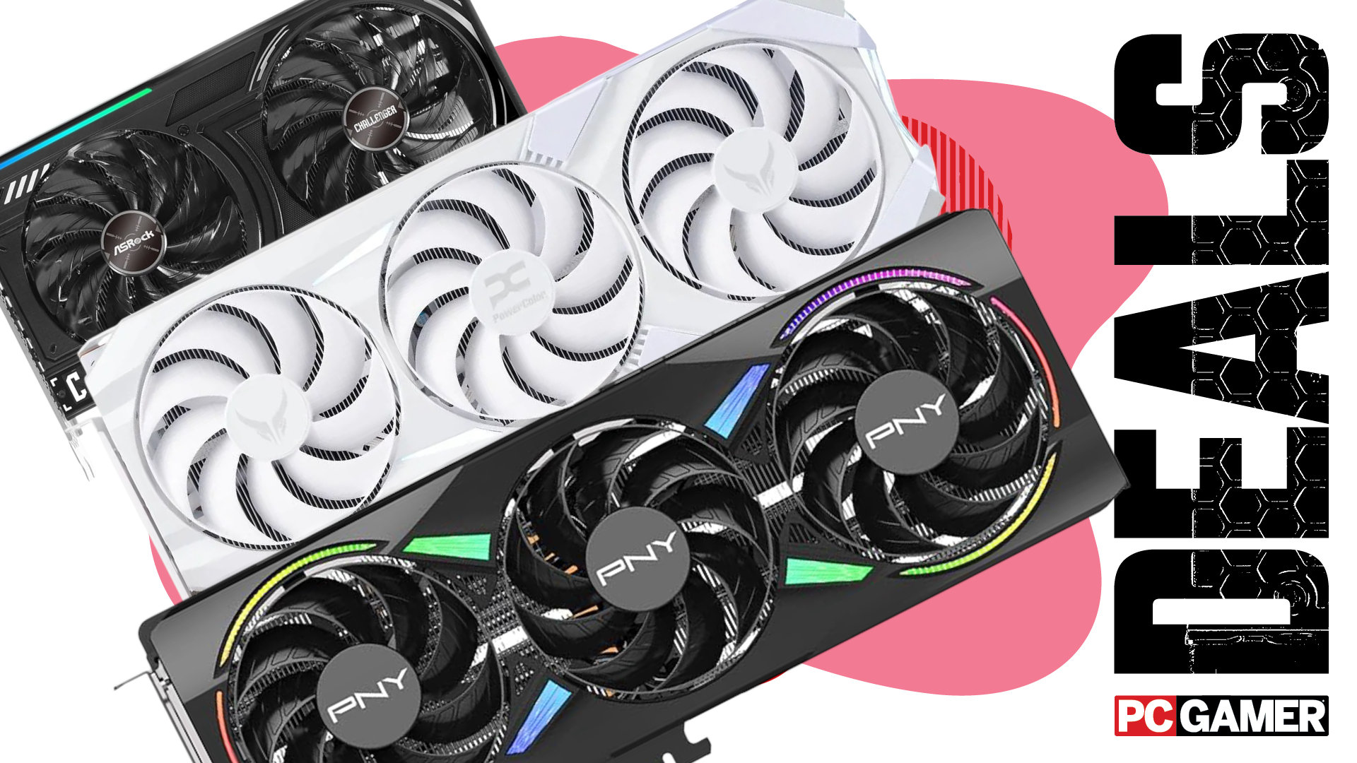 A collage of graphics cards, against a colorful background, with the phrase 'Deals' on the right side above a PC Gamer logo