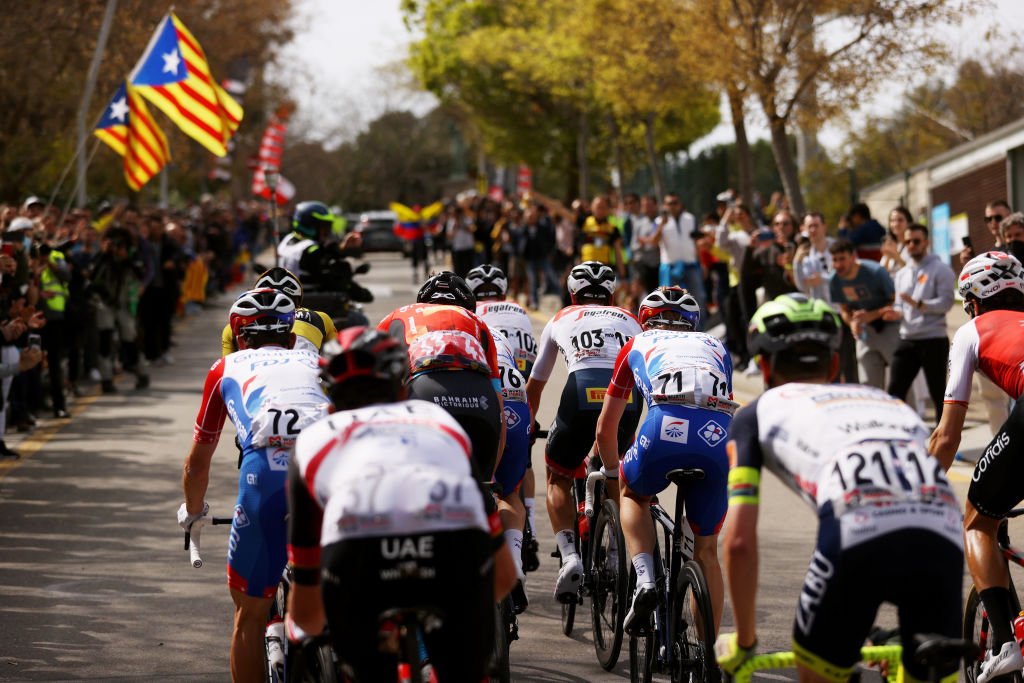 BARCELONA SPAIN MARCH 27 LR Sbastien Reichenbach of Switzerland Antwan Tolhoek of Netherlands Giulio Ciccone of Italy and Team Trek Segafredo and Michael Storer of Australia and Team Groupama FDJ compete in the breakaway climbing the Alt del Castell de Montjuc during the 101st Volta Ciclista a Catalunya 2022 Stage 7 a 1387km stage from Barcelona to Barcelona VoltaCatalunya101 WorldTour on March 27 2022 in Barcelona Spain Photo by Gonzalo Arroyo MorenoGetty Images