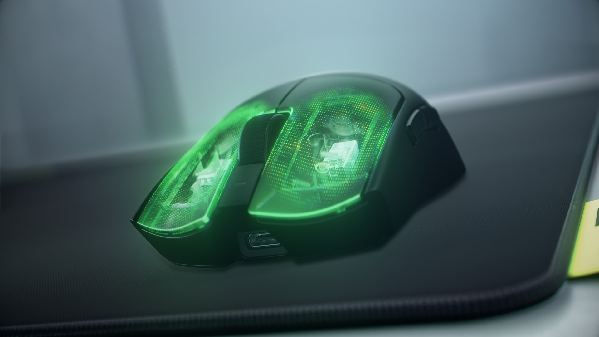 Razer Viper V4 Pro gaming mouse with main clicks highlighted in green